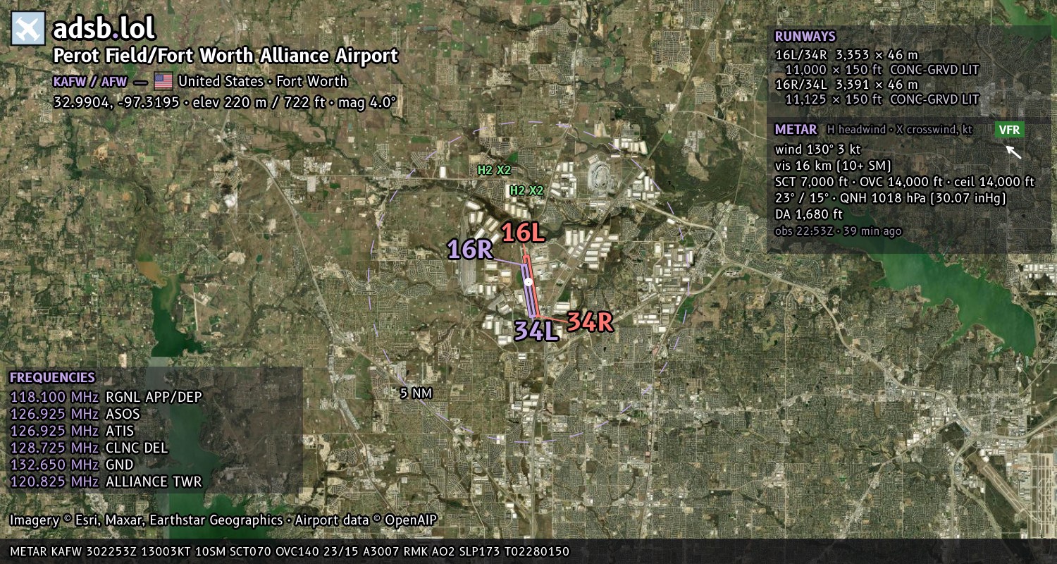 Satellite map with the runway layout of Perot Field/Fort Worth Alliance Airport (KAFW)