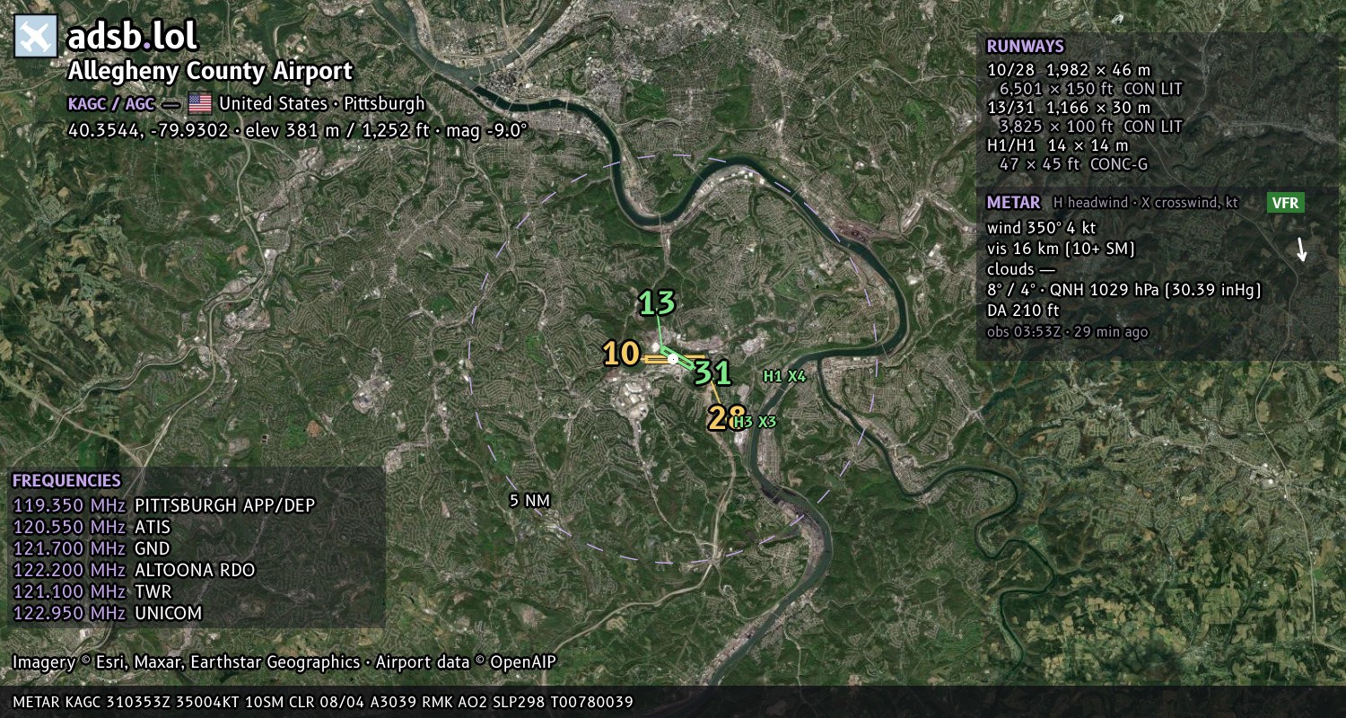 Satellite map with the runway layout of Allegheny County Airport (KAGC)
