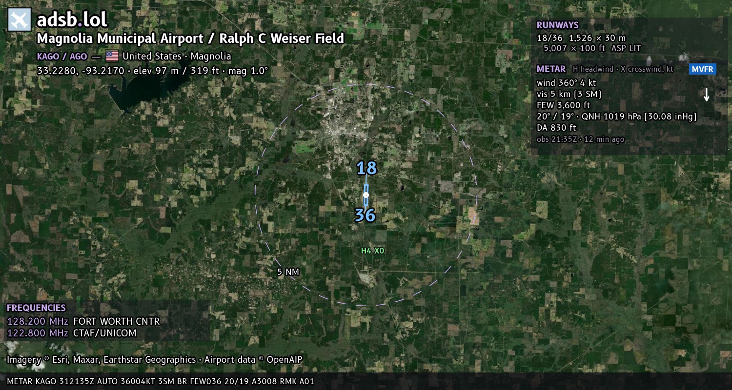 Satellite map with the runway layout of Magnolia Municipal Airport / Ralph C Weiser Field (KAGO)