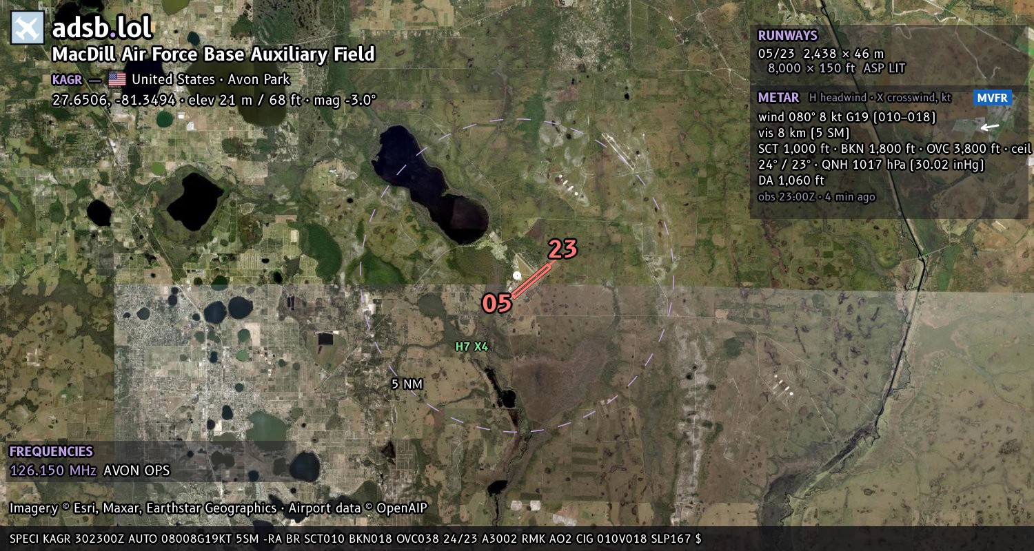 Satellite map with the runway layout of MacDill Air Force Base Auxiliary Field (KAGR)