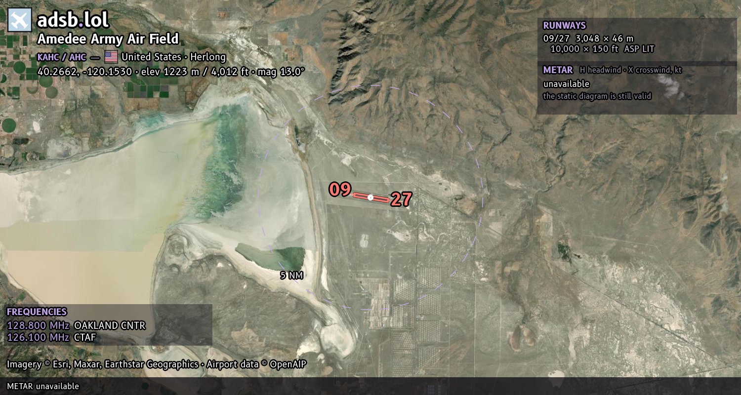 Satellite map with the runway layout of Amedee Army Air Field (KAHC)