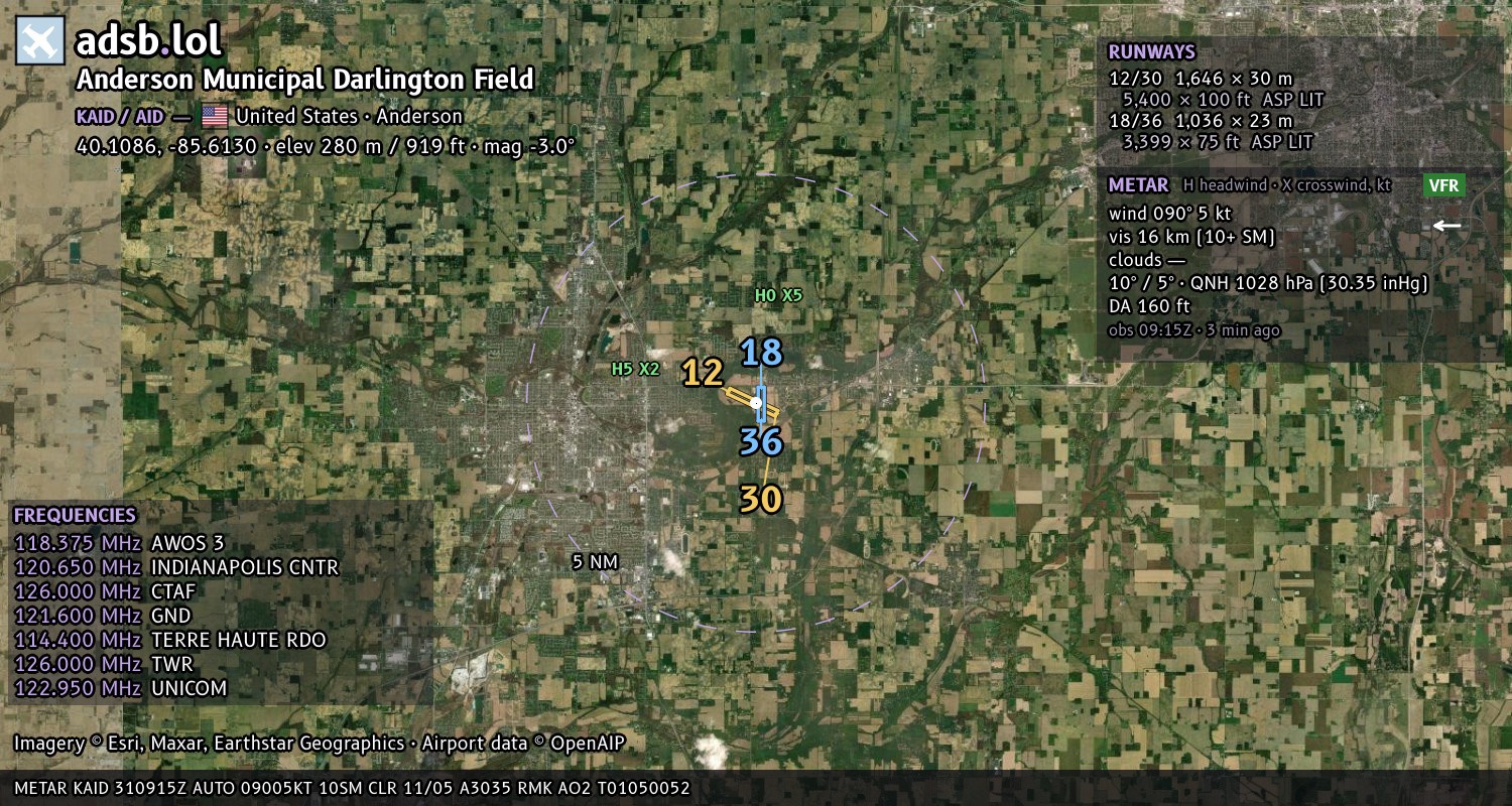 Satellite map with the runway layout of Anderson Municipal Darlington Field (KAID)