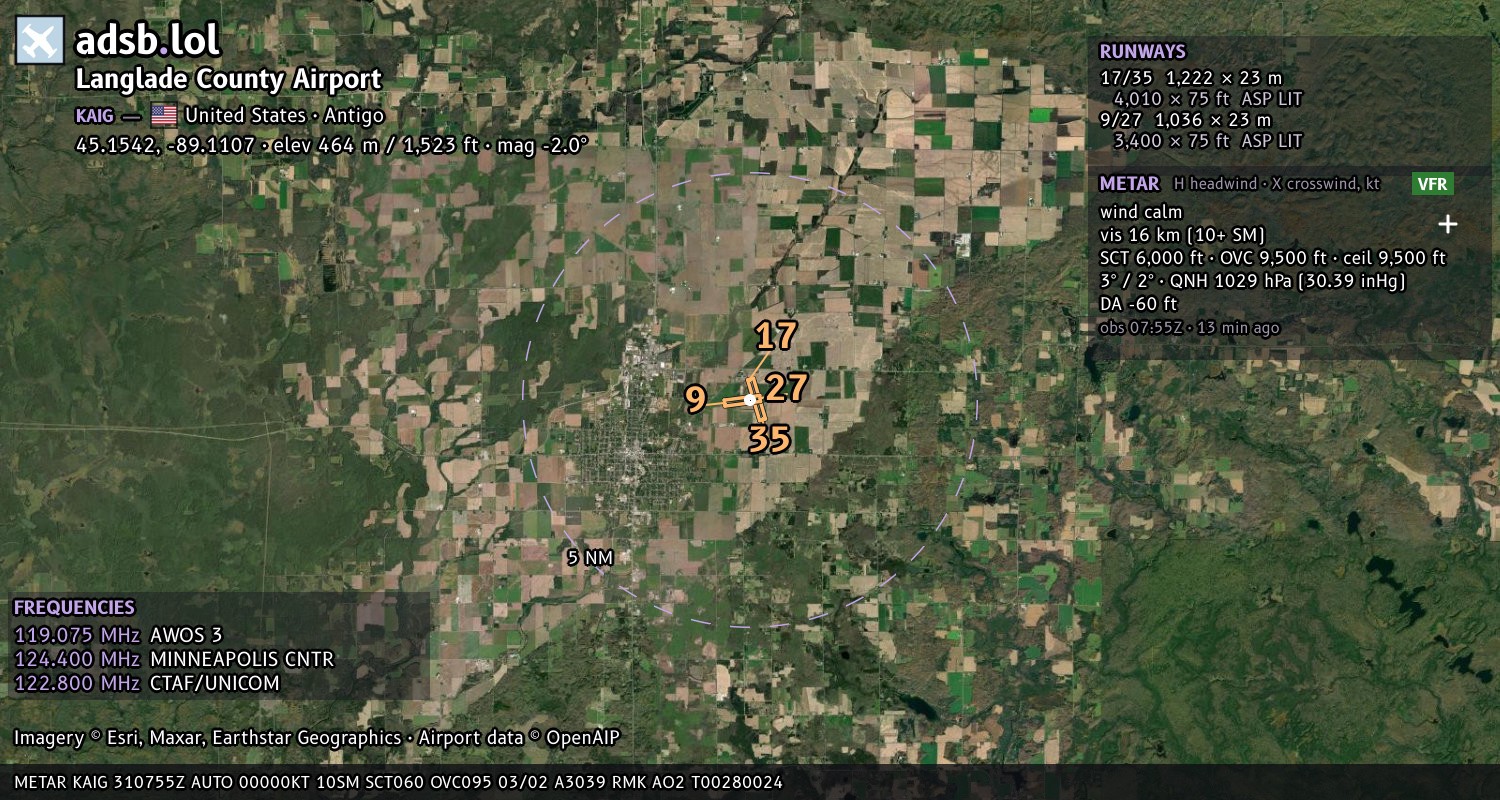 Satellite map with the runway layout of Langlade County Airport (KAIG)