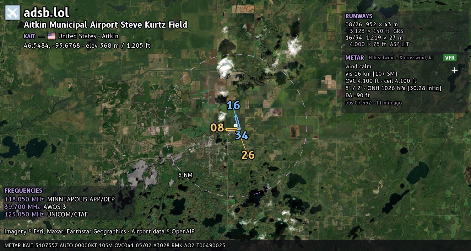 Satellite map with the runway layout of Aitkin Municipal Airport Steve Kurtz Field (KAIT)