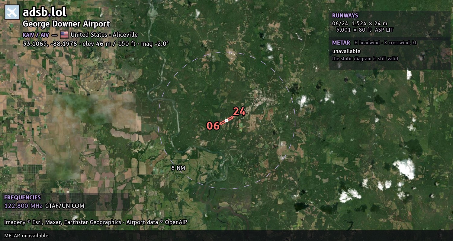 Satellite map with the runway layout of George Downer Airport (KAIV)