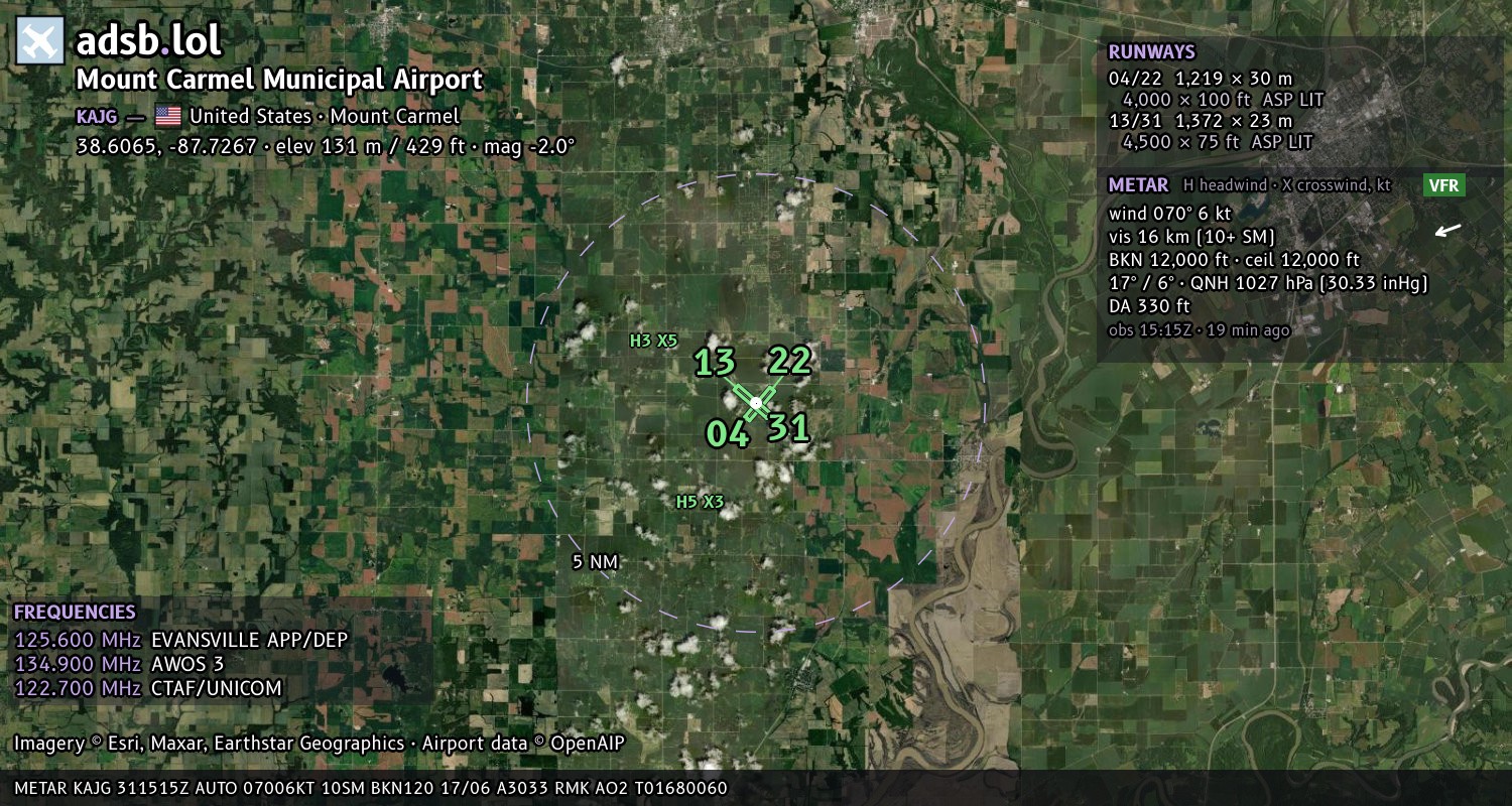 Satellite map with the runway layout of Mount Carmel Municipal Airport (KAJG)