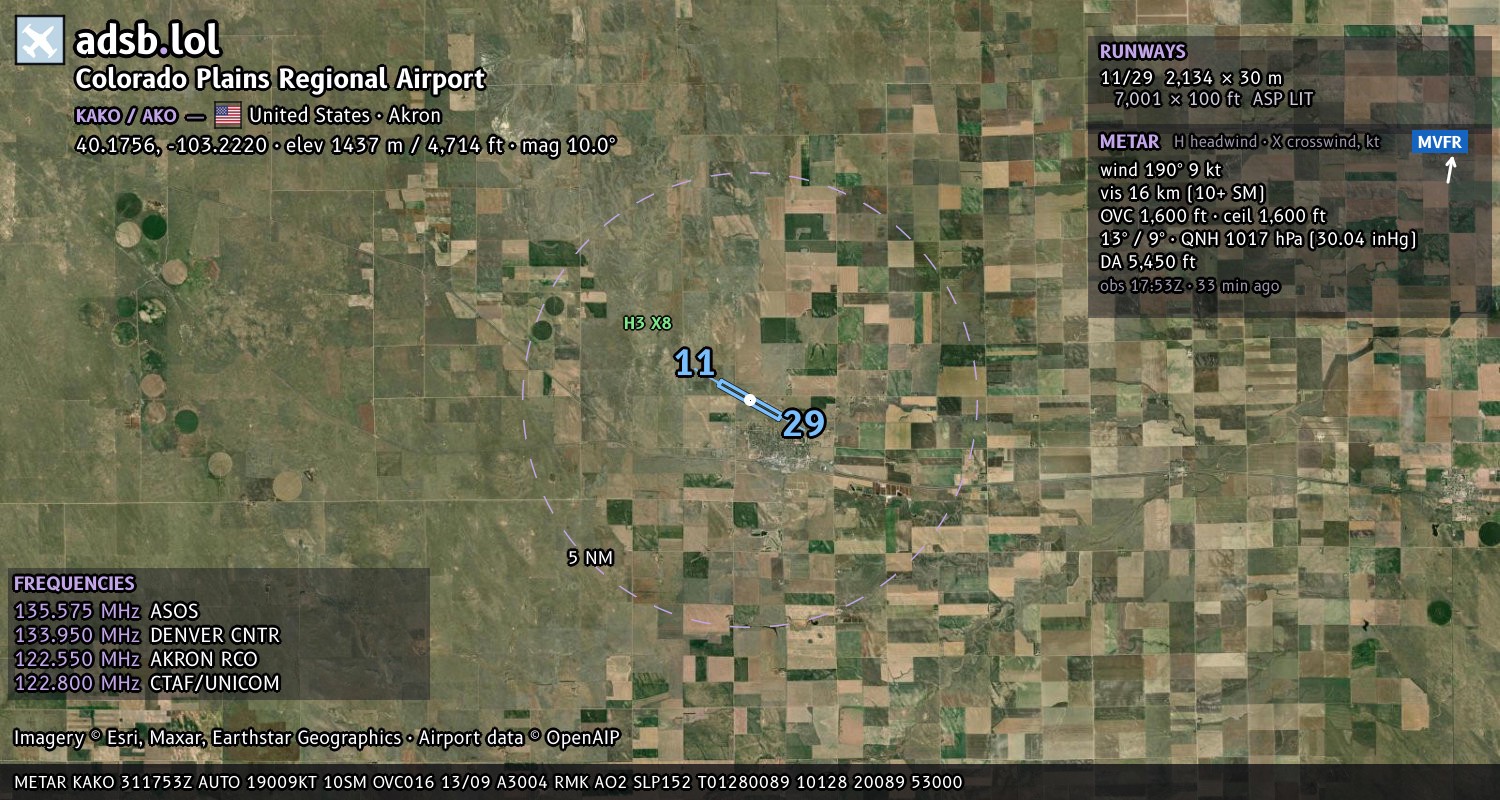 Satellite map with the runway layout of Colorado Plains Regional Airport (KAKO)