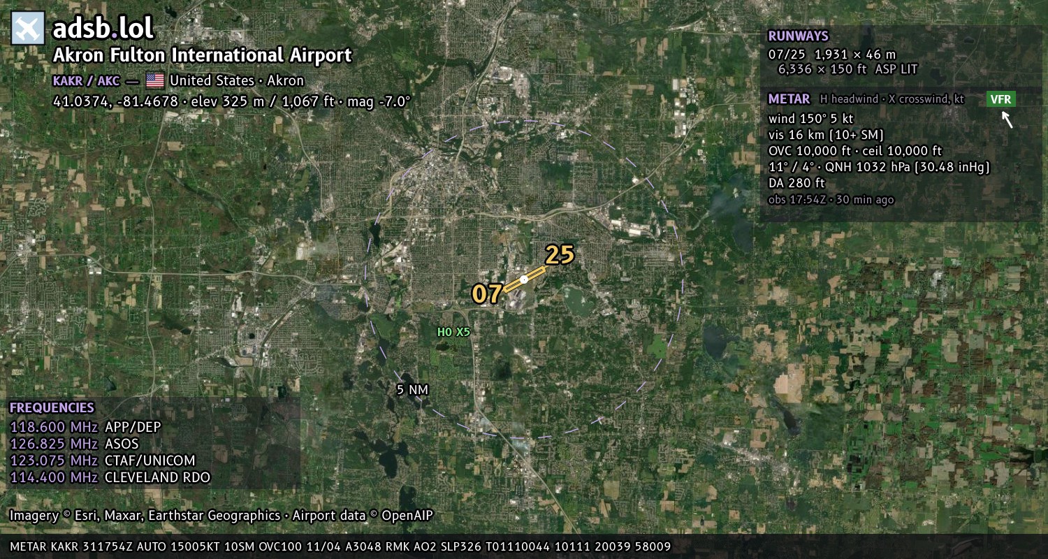 Satellite map with the runway layout of Akron Fulton International Airport (KAKR)