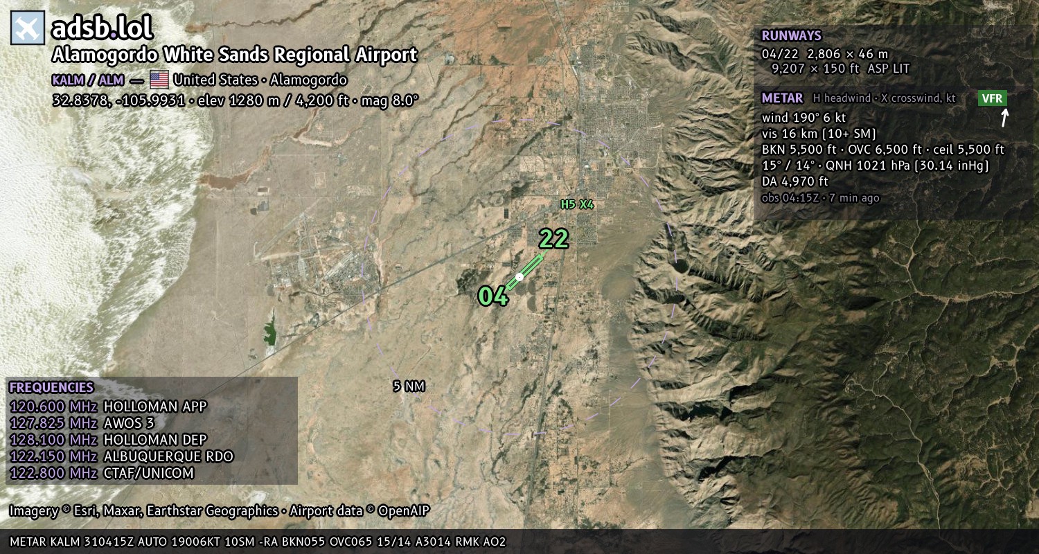 Satellite map with the runway layout of Alamogordo White Sands Regional Airport (KALM)