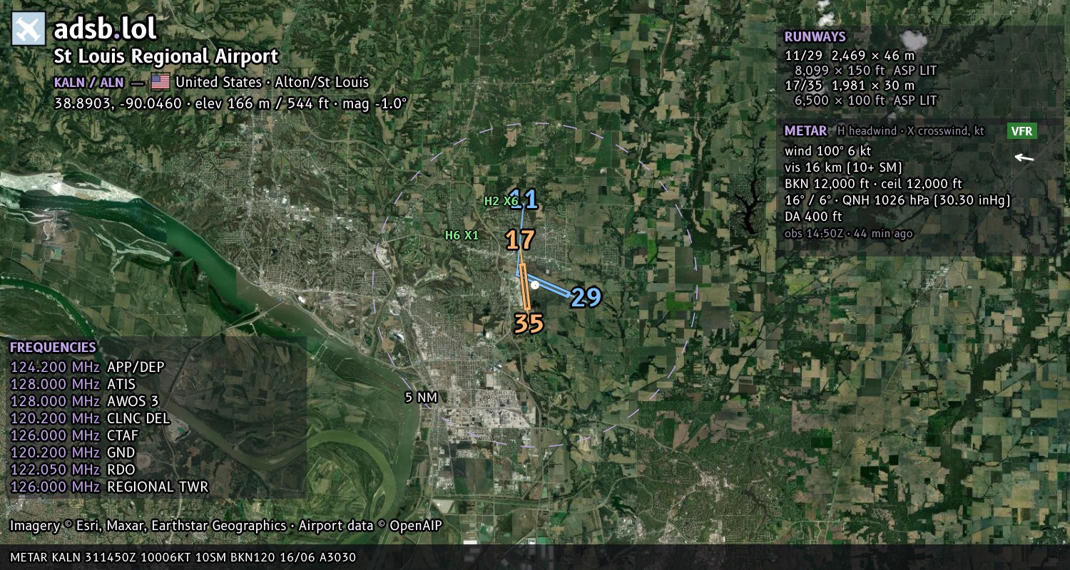 Satellite map with the runway layout of St Louis Regional Airport (KALN)