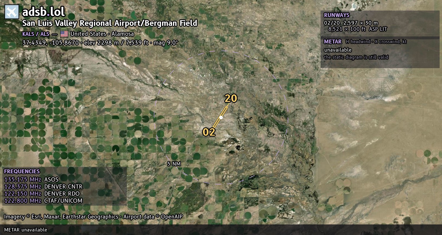 Satellite map with the runway layout of San Luis Valley Regional Airport/Bergman Field (KALS)