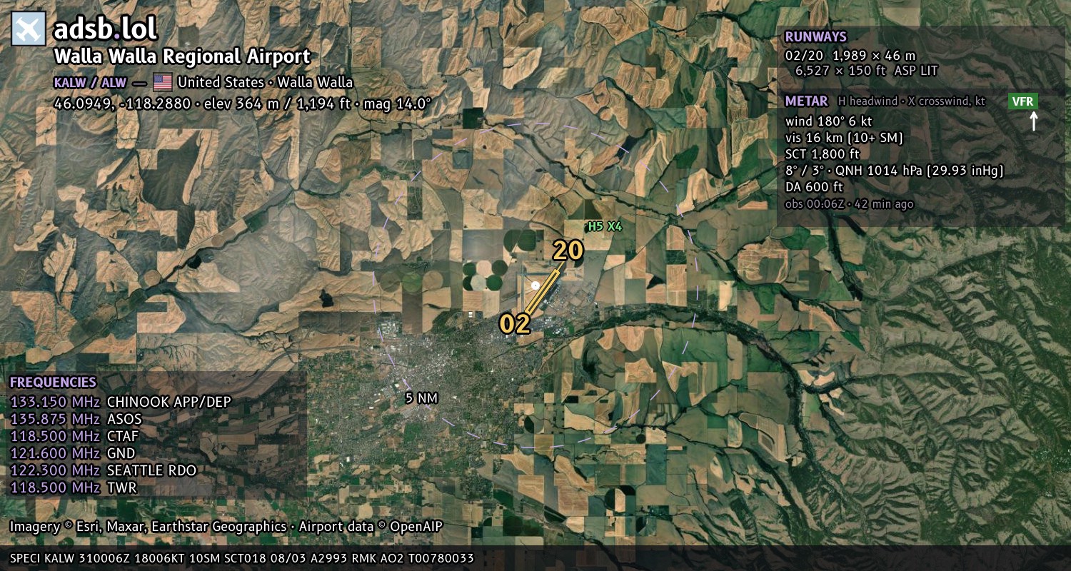 Satellite map with the runway layout of Walla Walla Regional Airport (KALW)