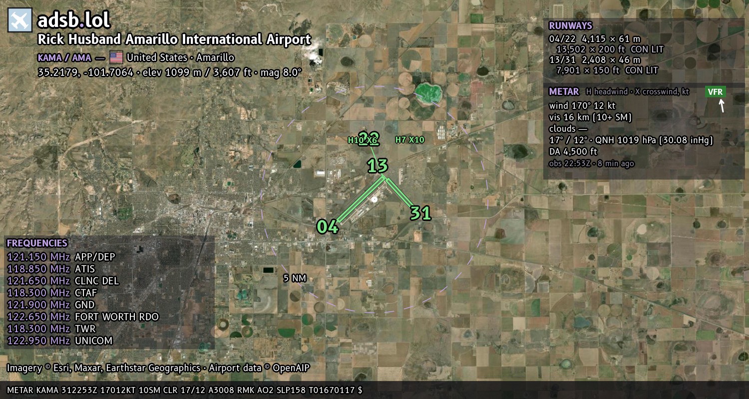 Satellite map with the runway layout of Rick Husband Amarillo International Airport (KAMA)