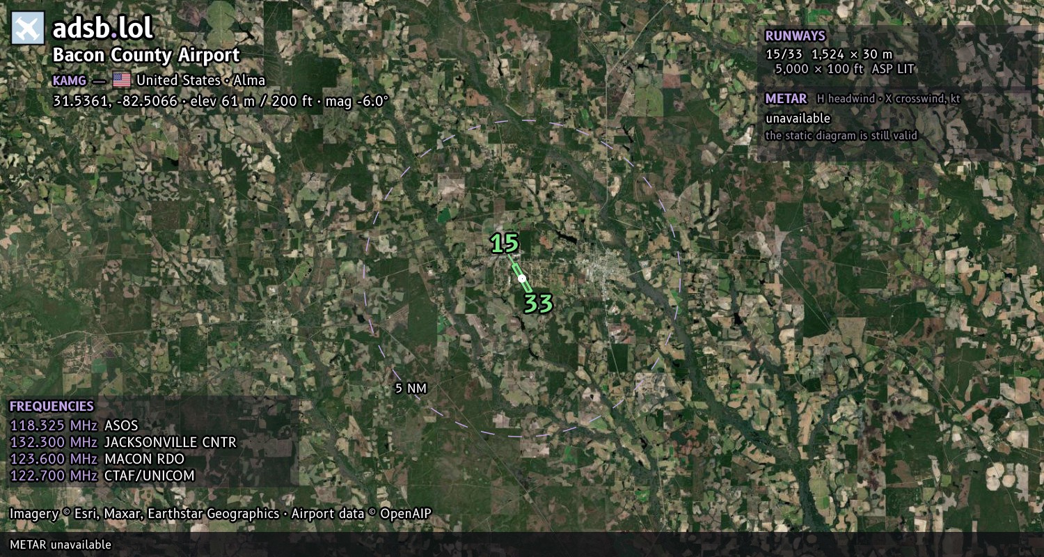 Satellite map with the runway layout of Bacon County Airport (KAMG)