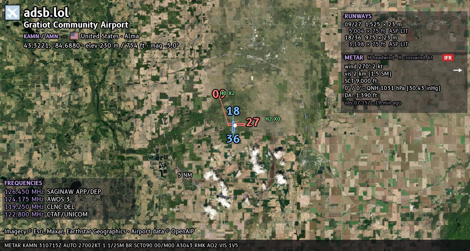 Satellite map with the runway layout of Gratiot Community Airport (KAMN)
