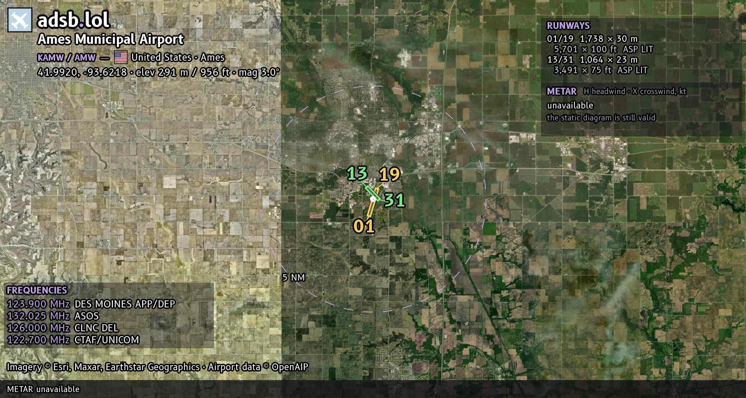 Satellite map with the runway layout of Ames Municipal Airport (KAMW)
