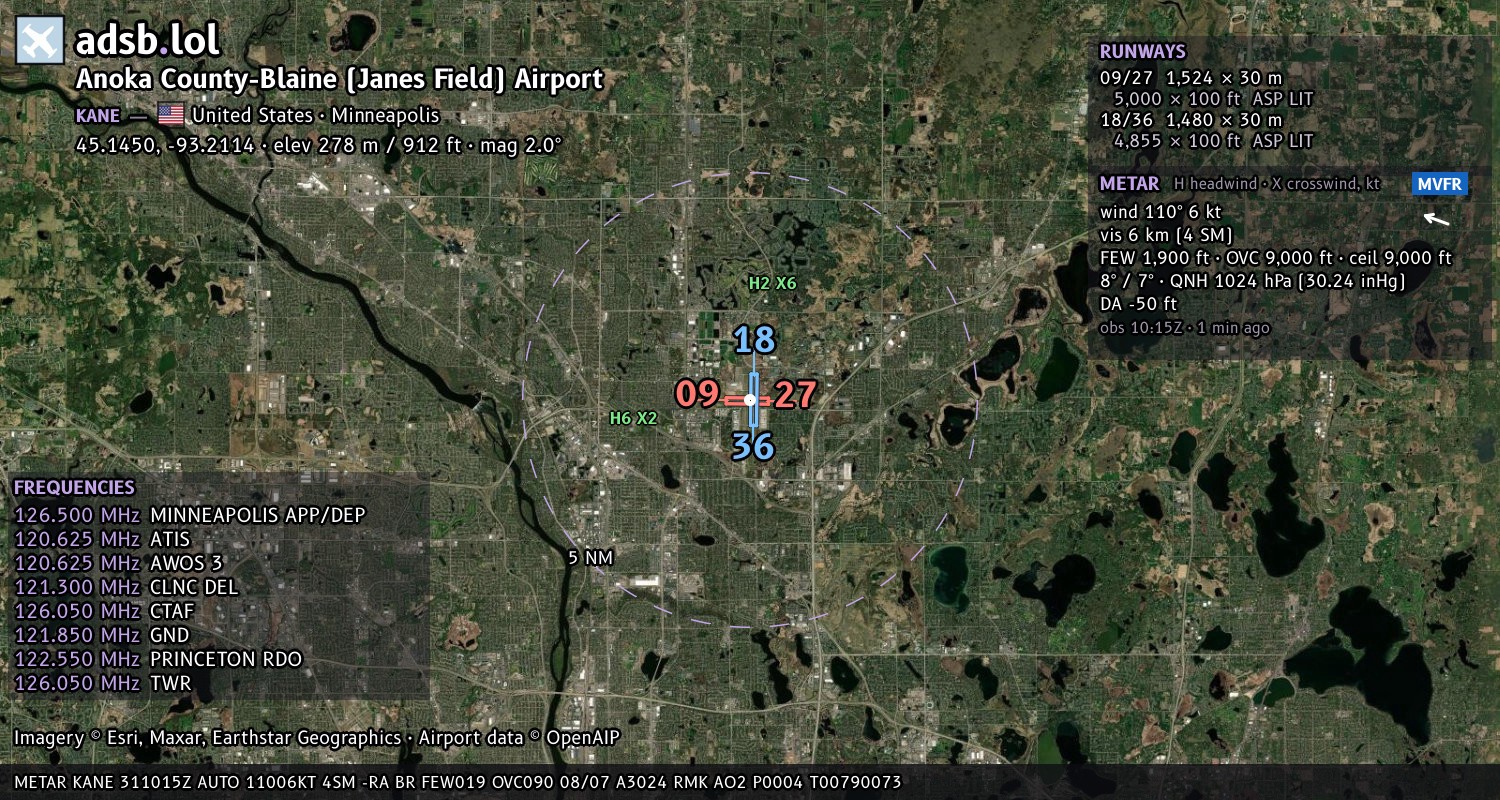 Satellite map with the runway layout of Anoka County-Blaine (Janes Field) Airport (KANE)