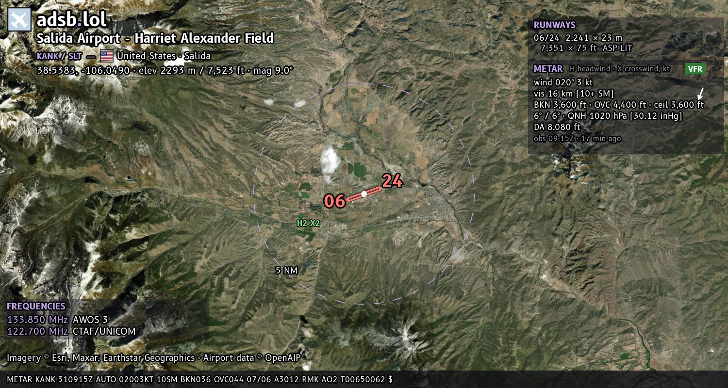 Satellite map with the runway layout of Salida Airport - Harriet Alexander Field (KANK)