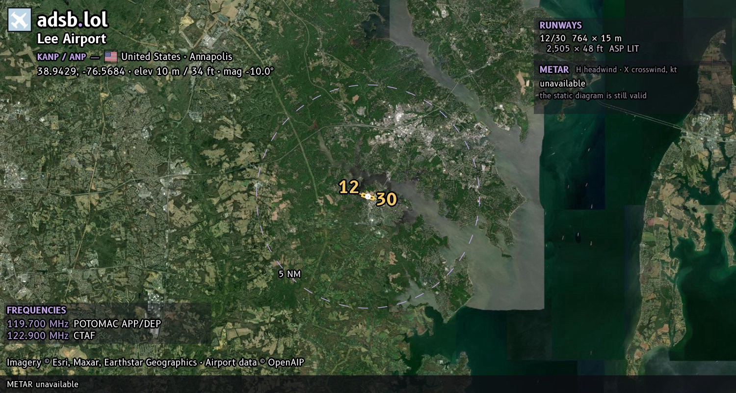 Satellite map with the runway layout of Lee Airport (KANP)