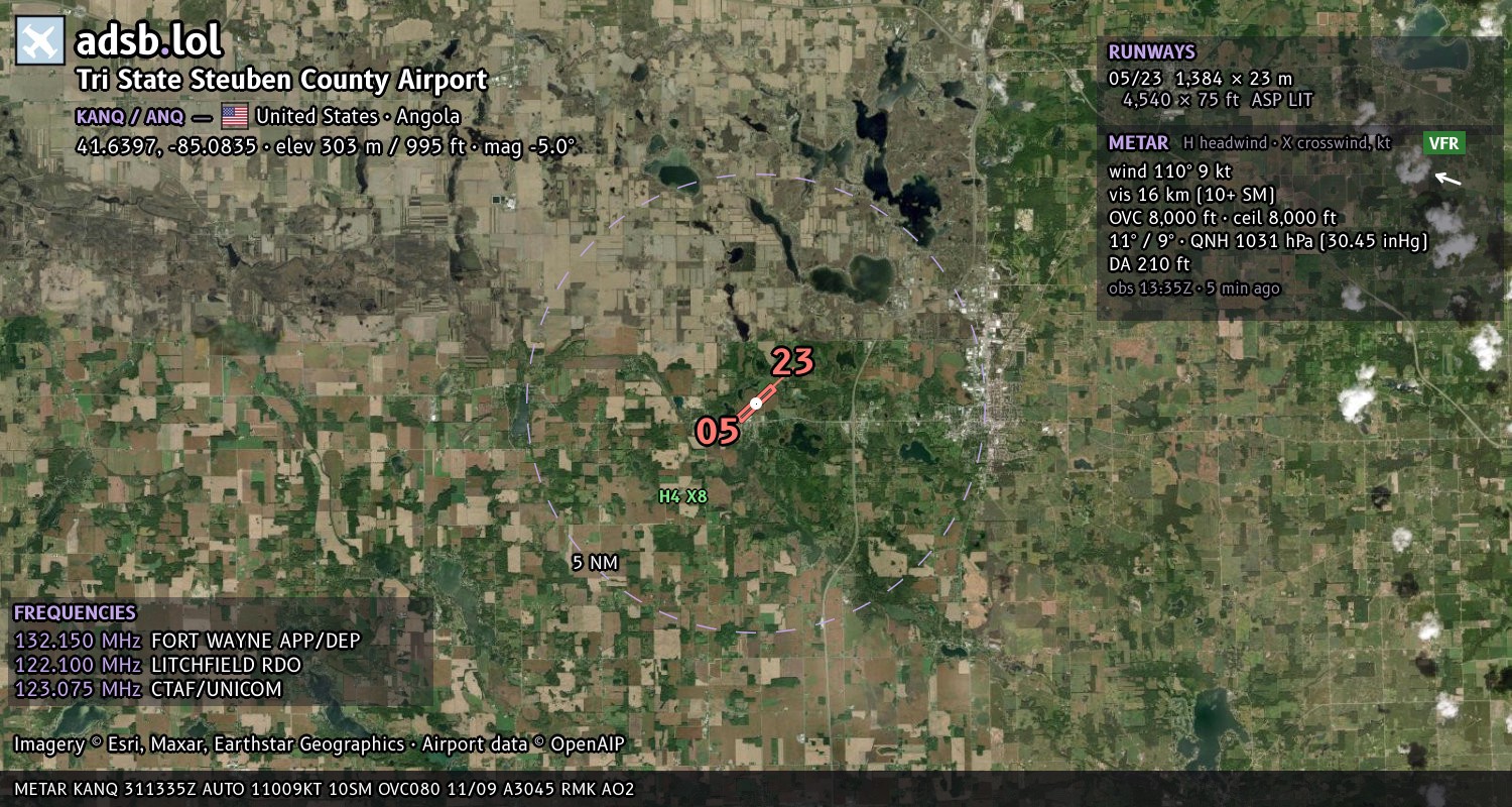Satellite map with the runway layout of Tri State Steuben County Airport (KANQ)