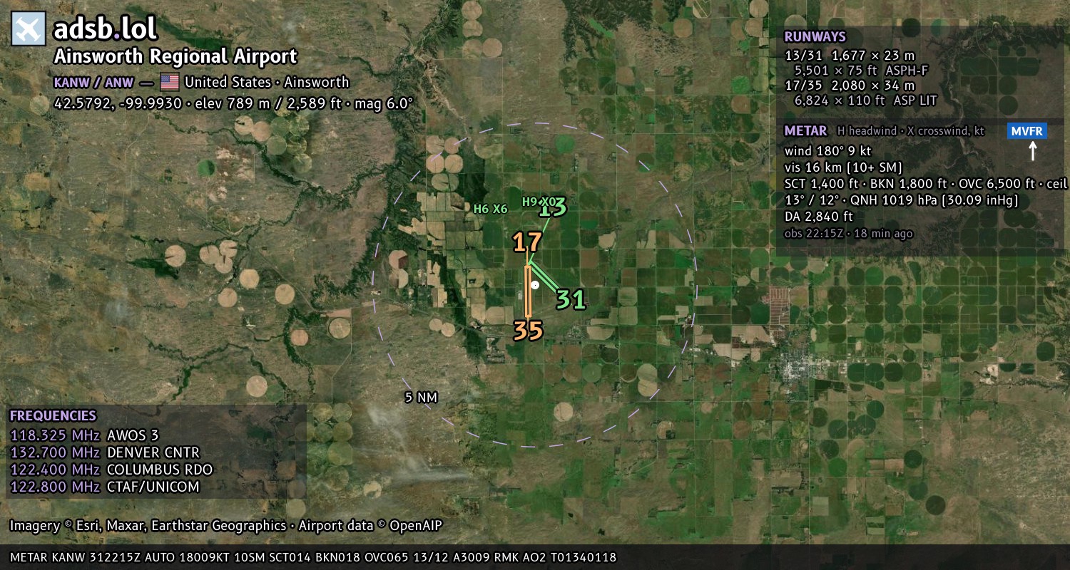 Satellite map with the runway layout of Ainsworth Regional Airport (KANW)