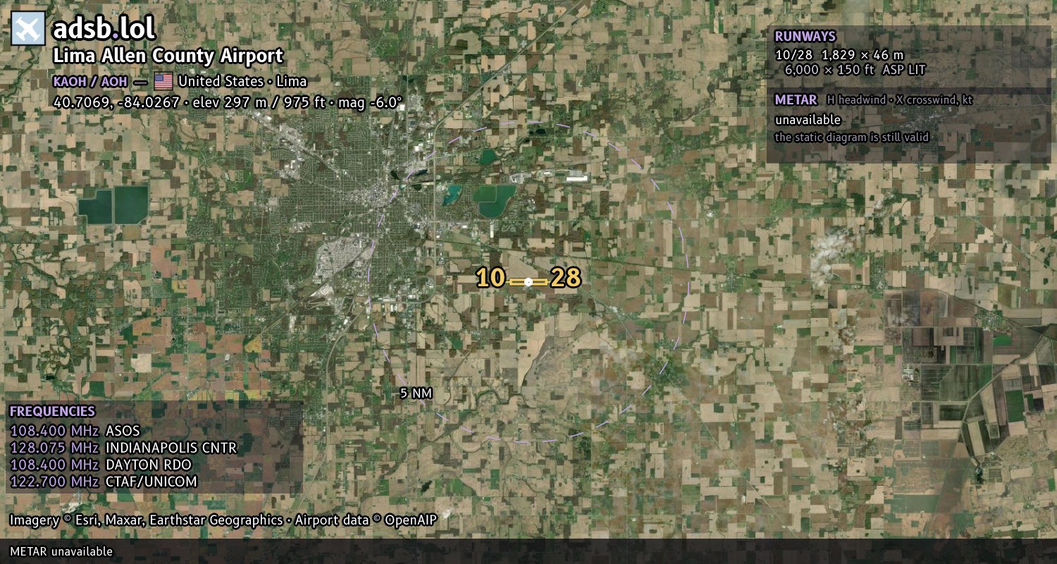 Satellite map with the runway layout of Lima Allen County Airport (KAOH)
