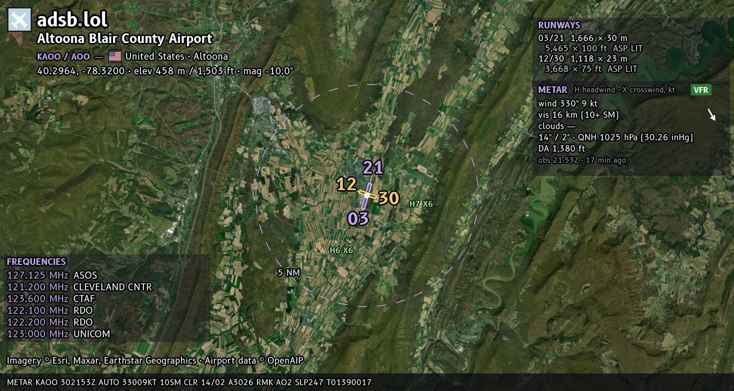 Satellite map with the runway layout of Altoona Blair County Airport (KAOO)