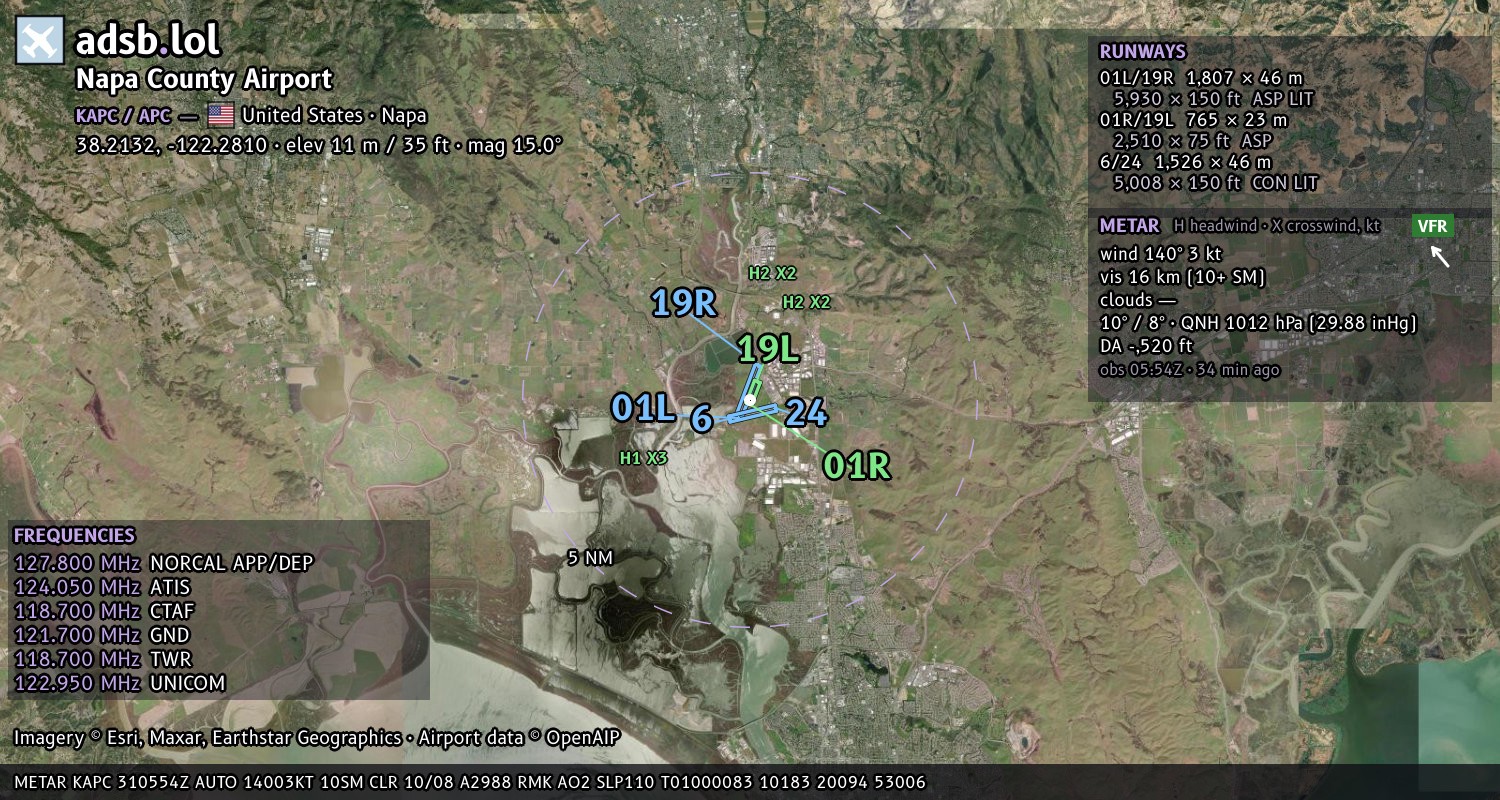 Satellite map with the runway layout of Napa County Airport (KAPC)