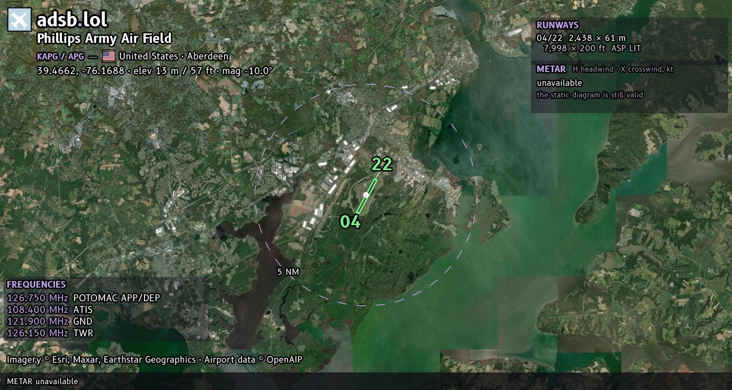Satellite map with the runway layout of Phillips Army Air Field (KAPG)