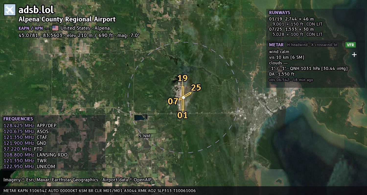 Satellite map with the runway layout of Alpena County Regional Airport (KAPN)