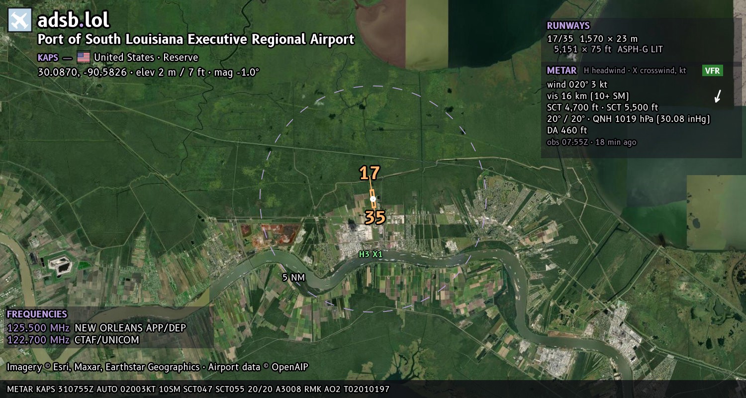 Satellite map with the runway layout of Port of South Louisiana Executive Regional Airport (KAPS)
