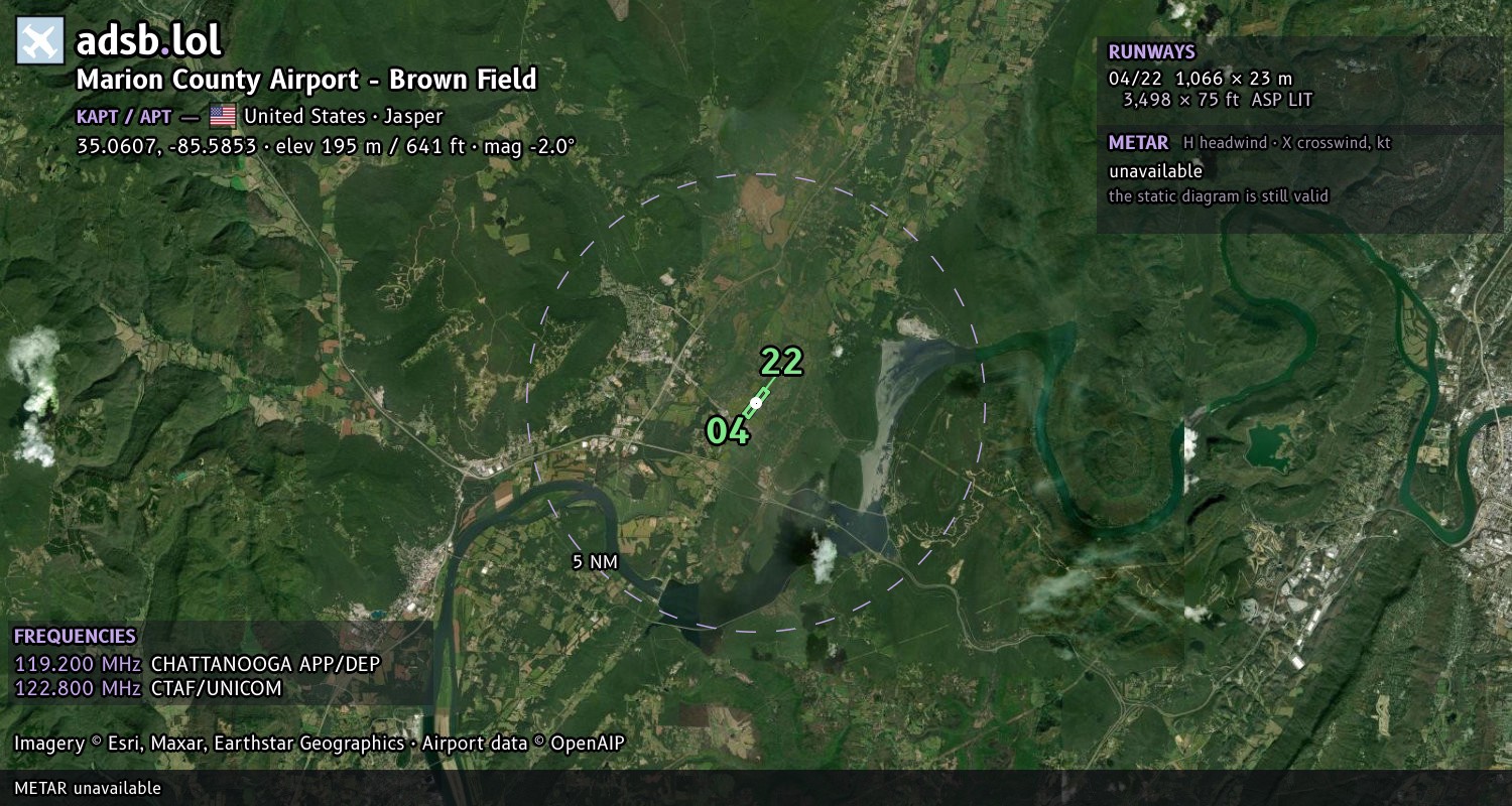 Satellite map with the runway layout of Marion County Airport - Brown Field (KAPT)