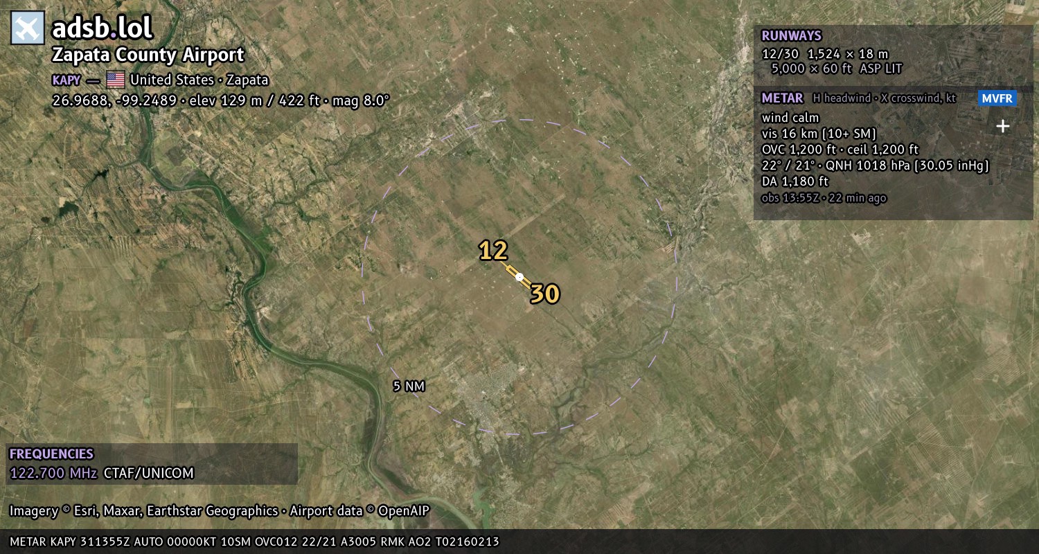 Satellite map with the runway layout of Zapata County Airport (KAPY)