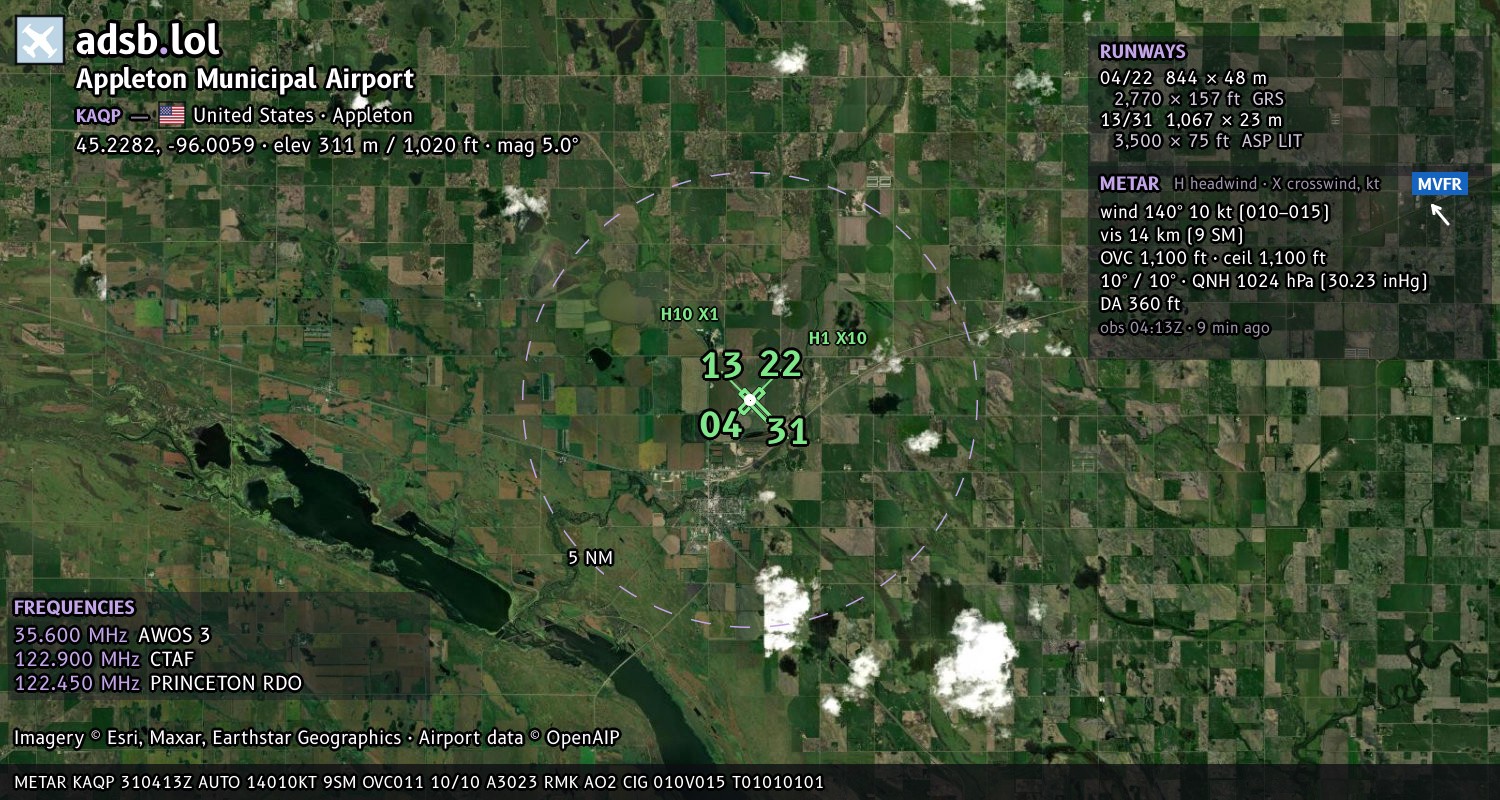 Satellite map with the runway layout of Appleton Municipal Airport (KAQP)