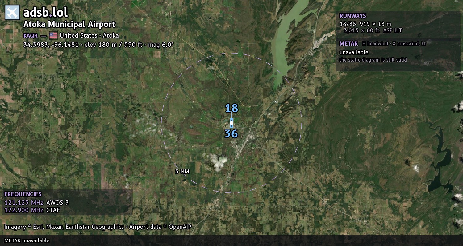 Satellite map with the runway layout of Atoka Municipal Airport (KAQR)