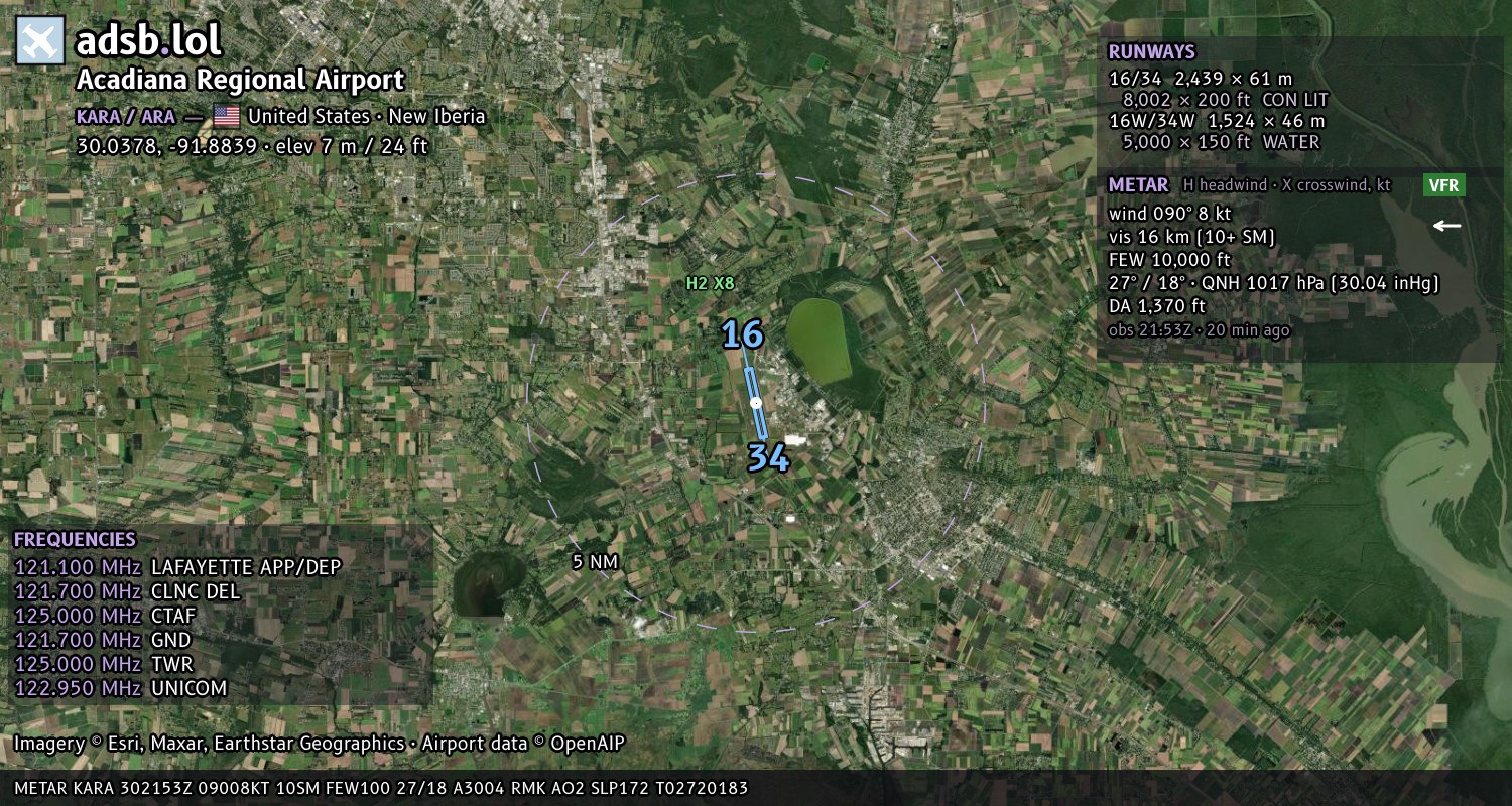 Satellite map with the runway layout of Acadiana Regional Airport (KARA)