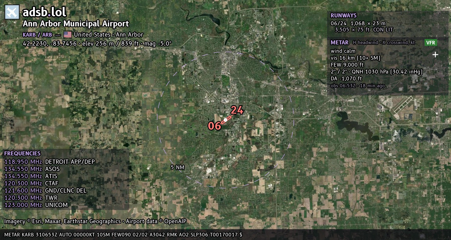 Satellite map with the runway layout of Ann Arbor Municipal Airport (KARB)