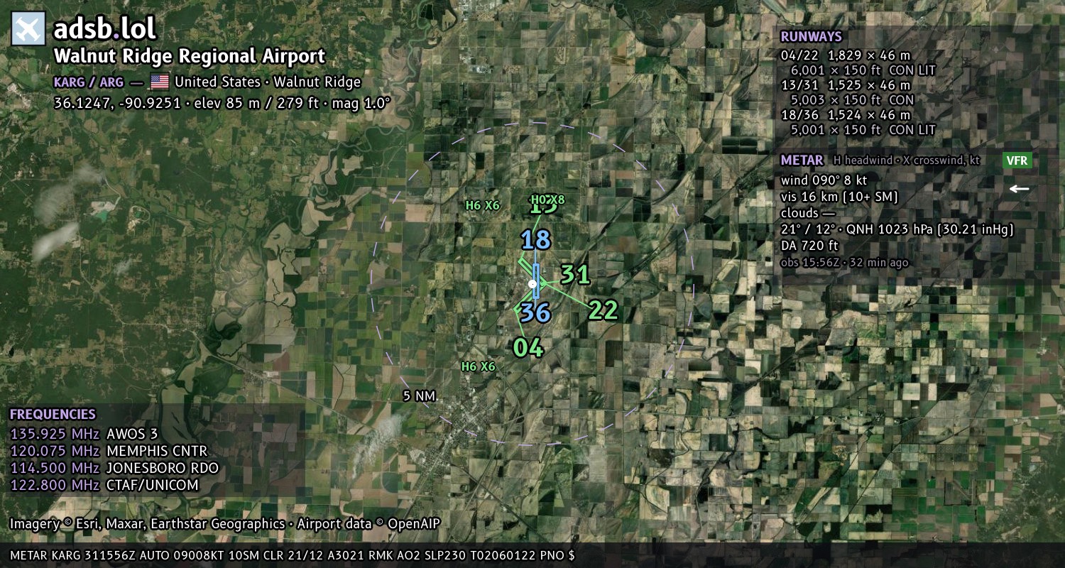 Satellite map with the runway layout of Walnut Ridge Regional Airport (KARG)
