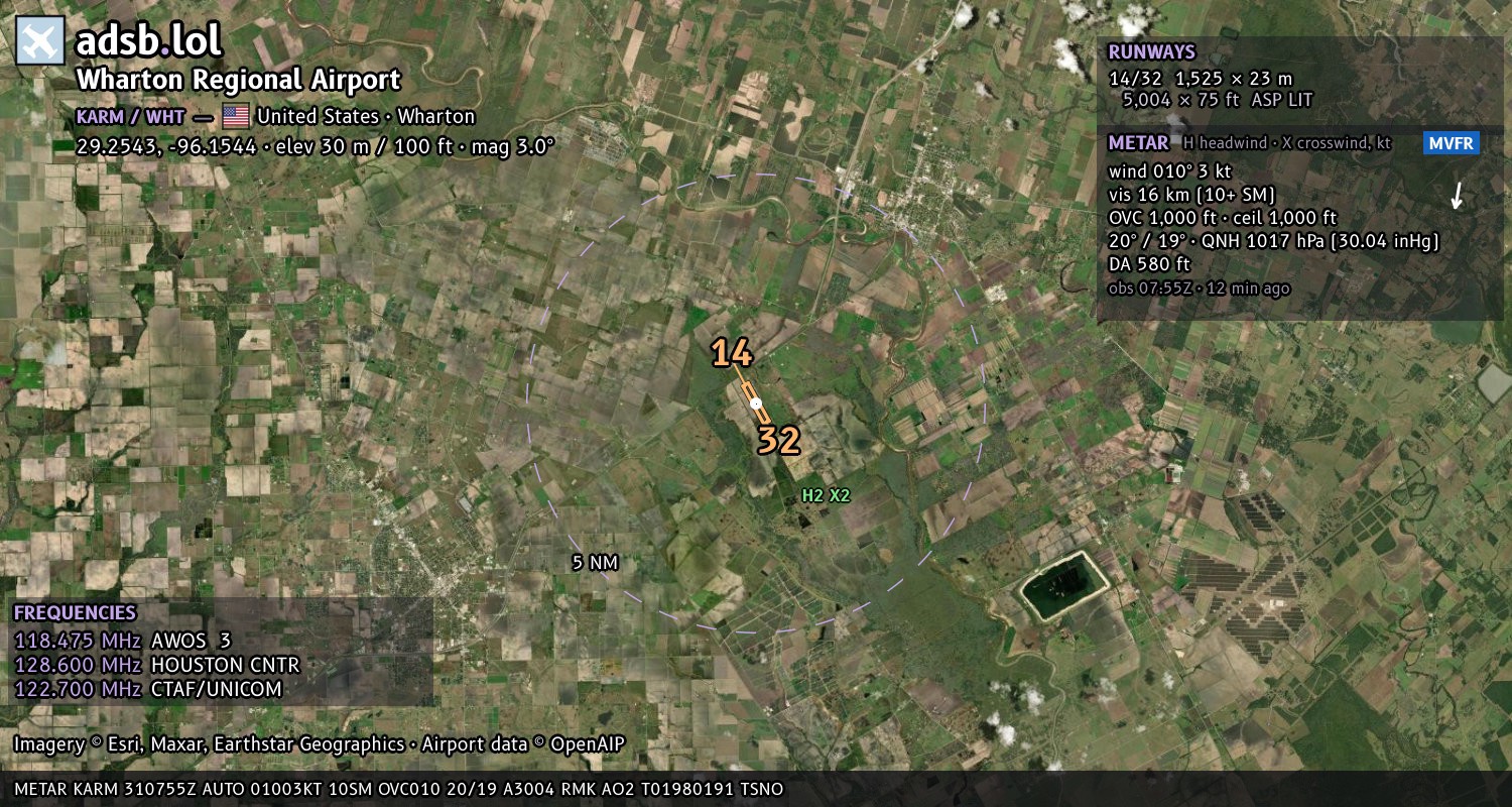 Satellite map with the runway layout of Wharton Regional Airport (KARM)