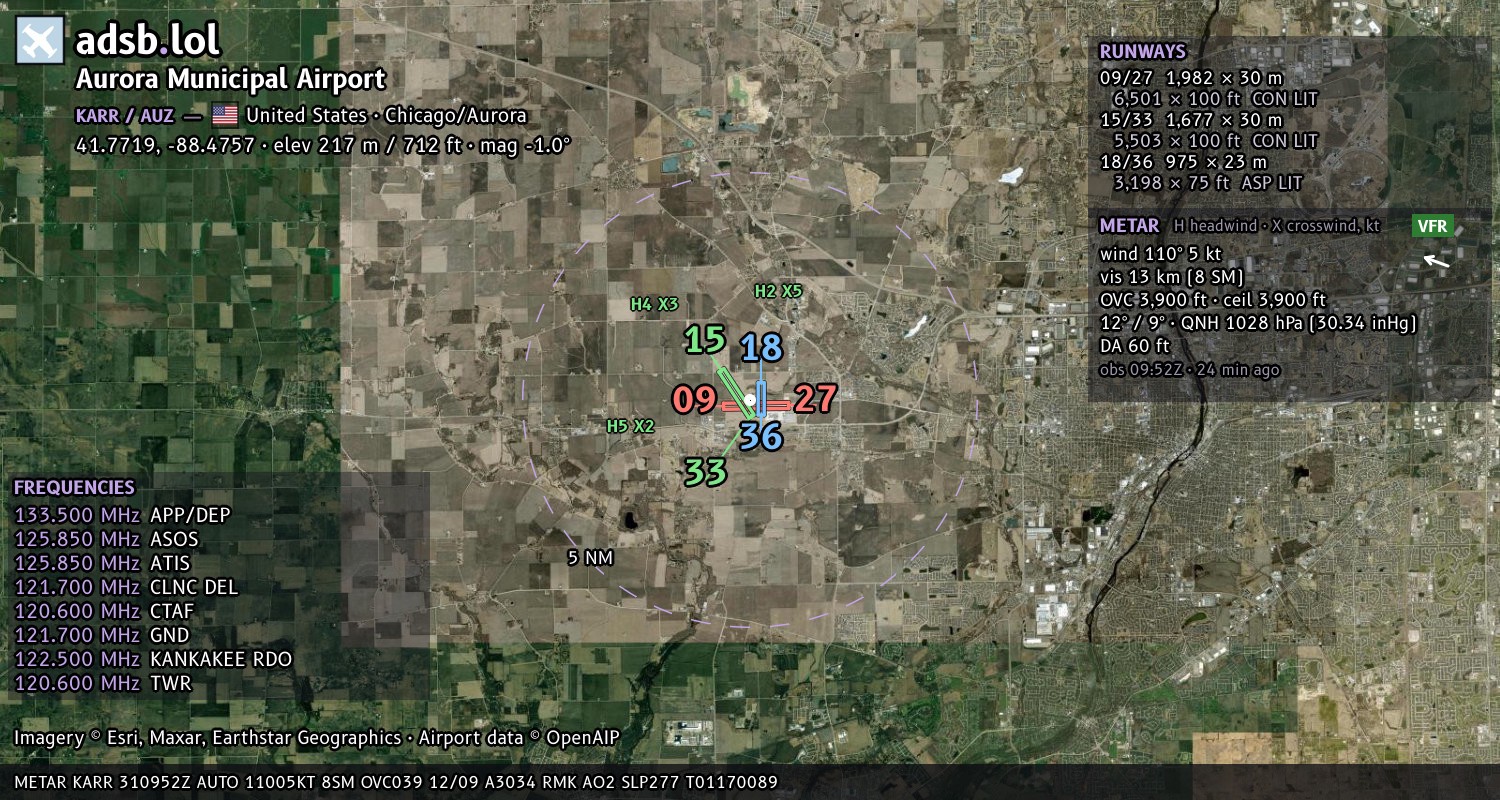 Satellite map with the runway layout of Aurora Municipal Airport (KARR)