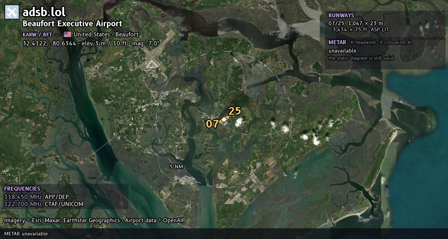 Satellite map with the runway layout of Beaufort Executive Airport (KARW)