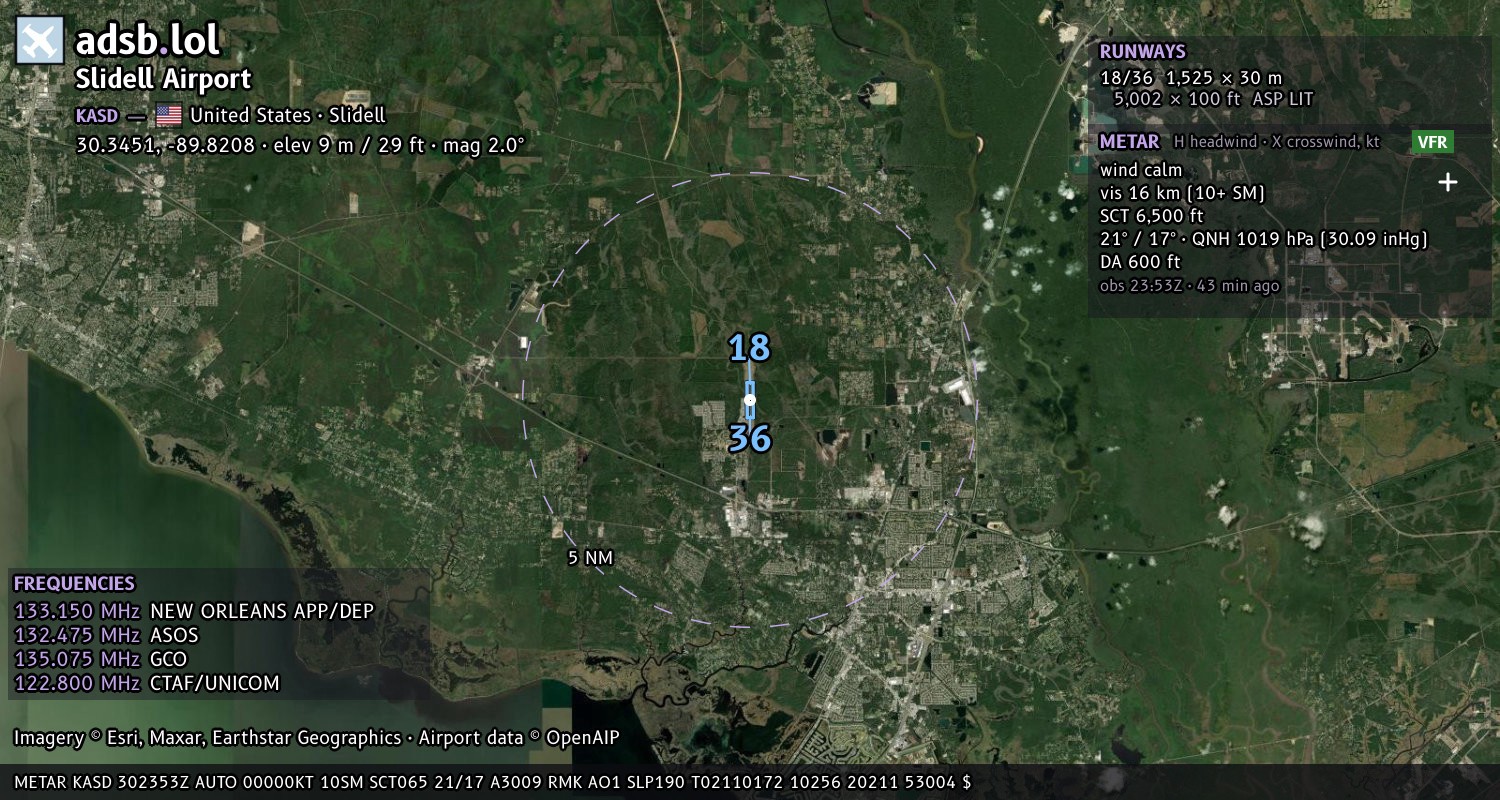 Satellite map with the runway layout of Slidell Airport (KASD)