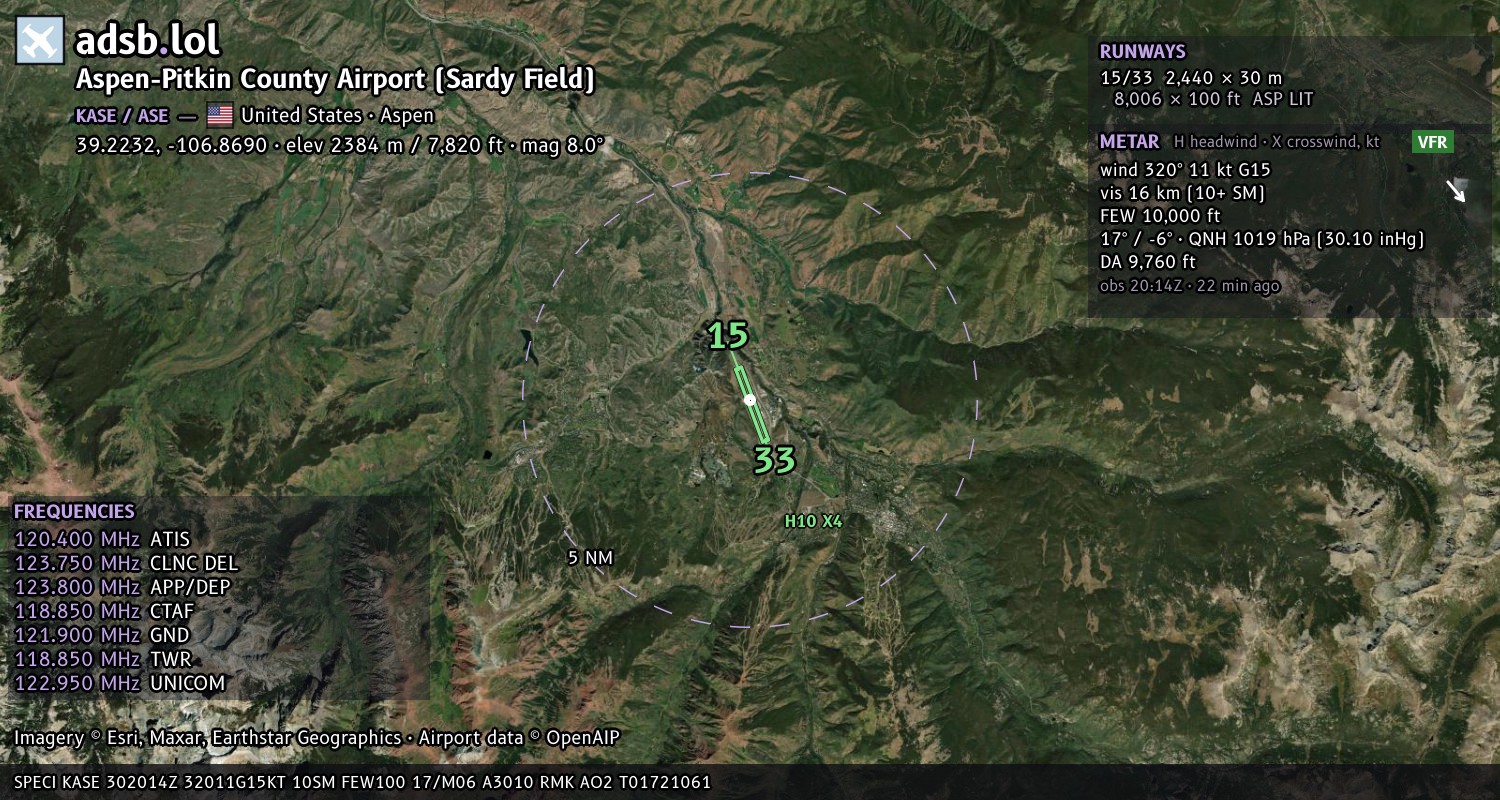 Satellite map with the runway layout of Aspen-Pitkin County Airport (Sardy Field) (KASE)