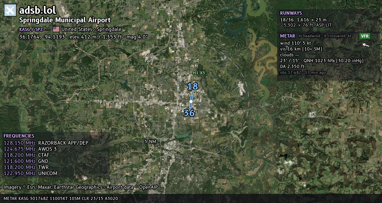 Satellite map with the runway layout of Springdale Municipal Airport (KASG)