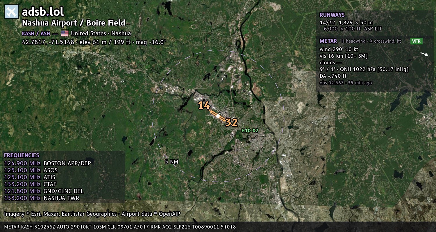 Satellite map with the runway layout of Nashua Airport / Boire Field (KASH)