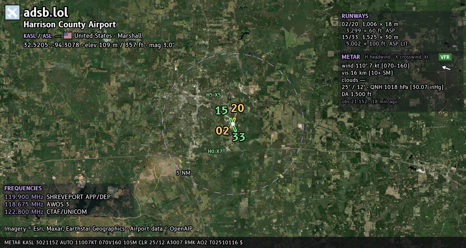 Satellite map with the runway layout of Harrison County Airport (KASL)