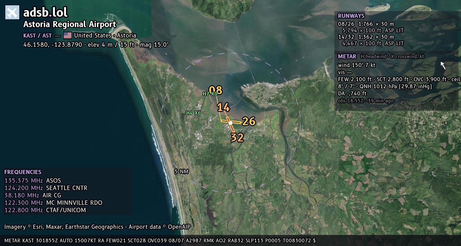 Satellite map with the runway layout of Astoria Regional Airport (KAST)