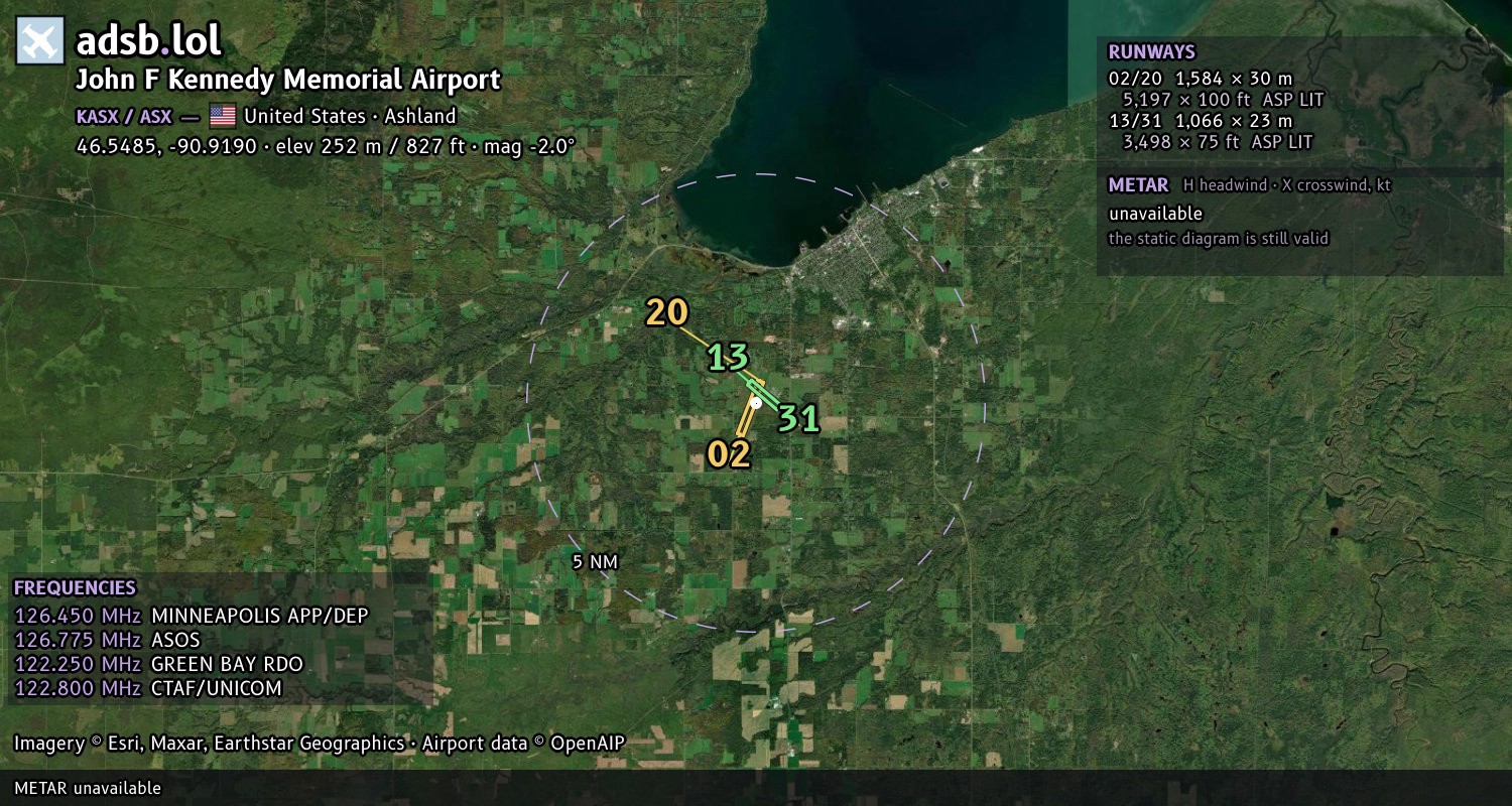 Satellite map with the runway layout of John F Kennedy Memorial Airport (KASX)
