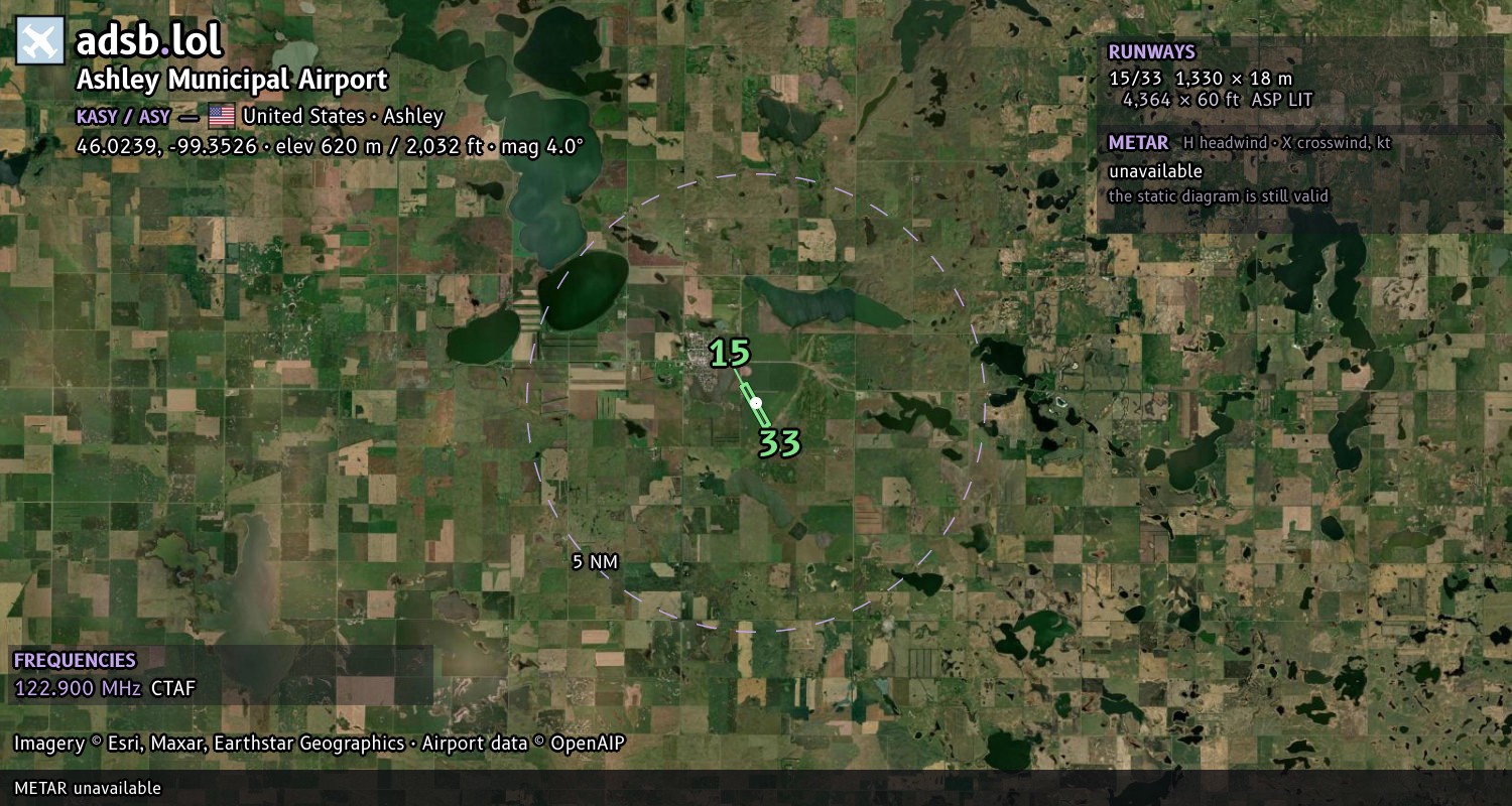 Satellite map with the runway layout of Ashley Municipal Airport (KASY)