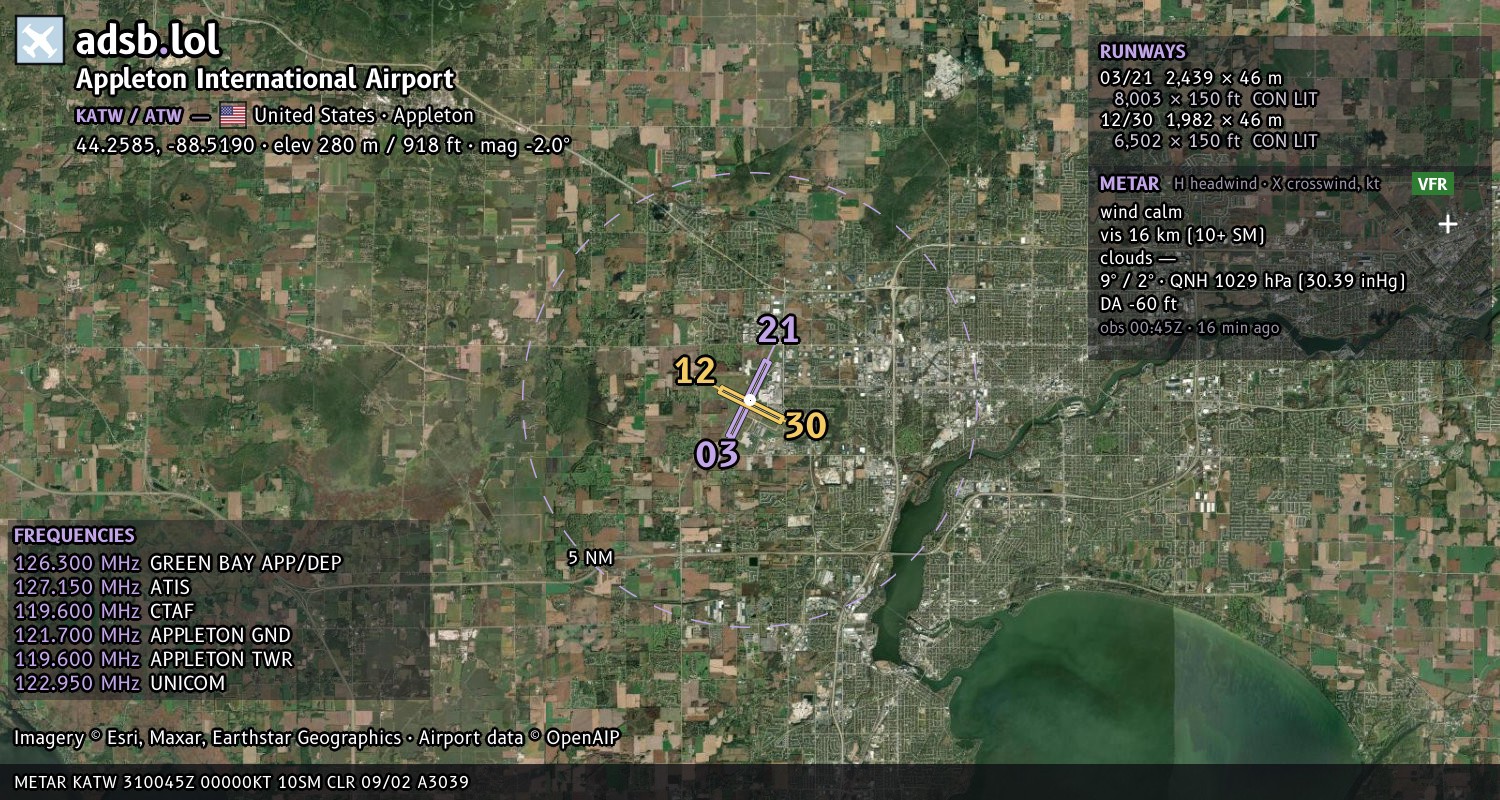 Satellite map with the runway layout of Appleton International Airport (KATW)